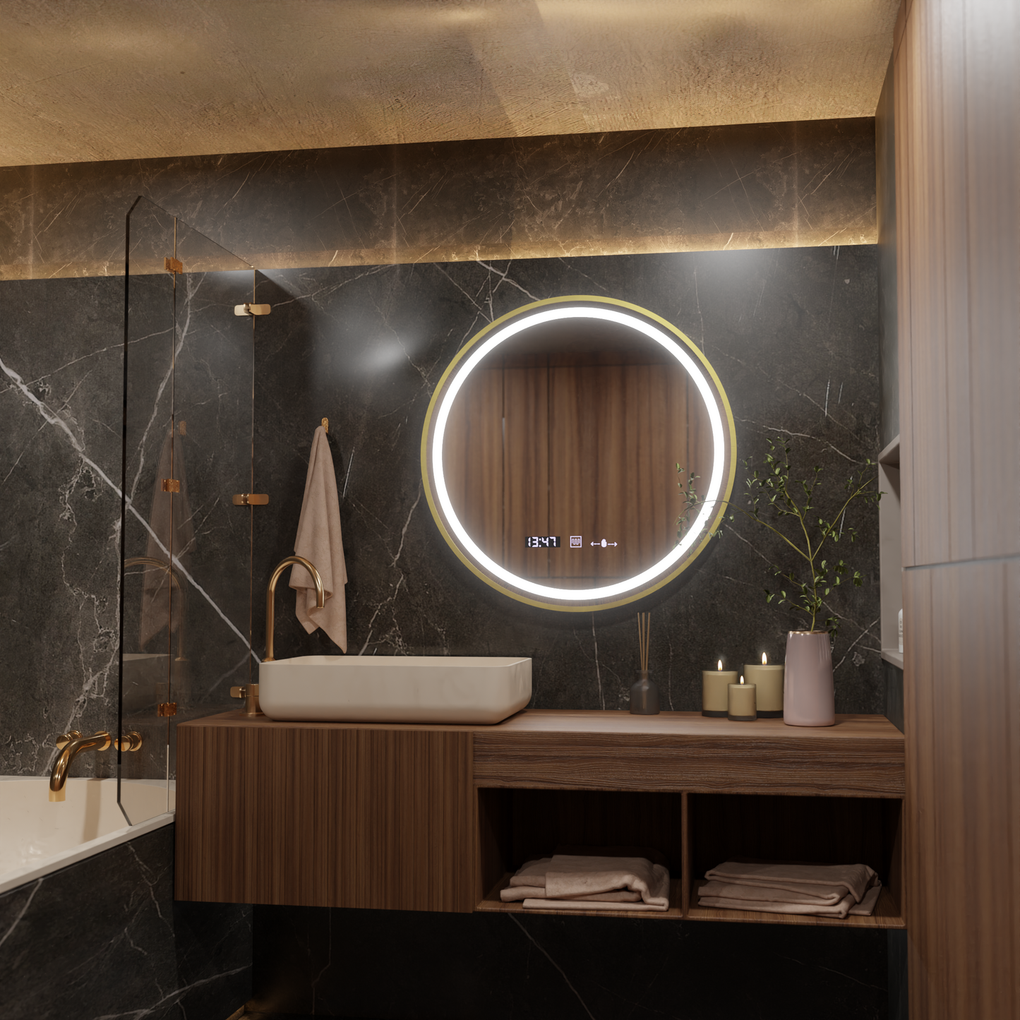 Oglinda LED Rotunda, 70cm, Celeste Royale Gold MotionGlow Marcello, Sistem Dezaburire, Ceas & Termometru, Dimabila