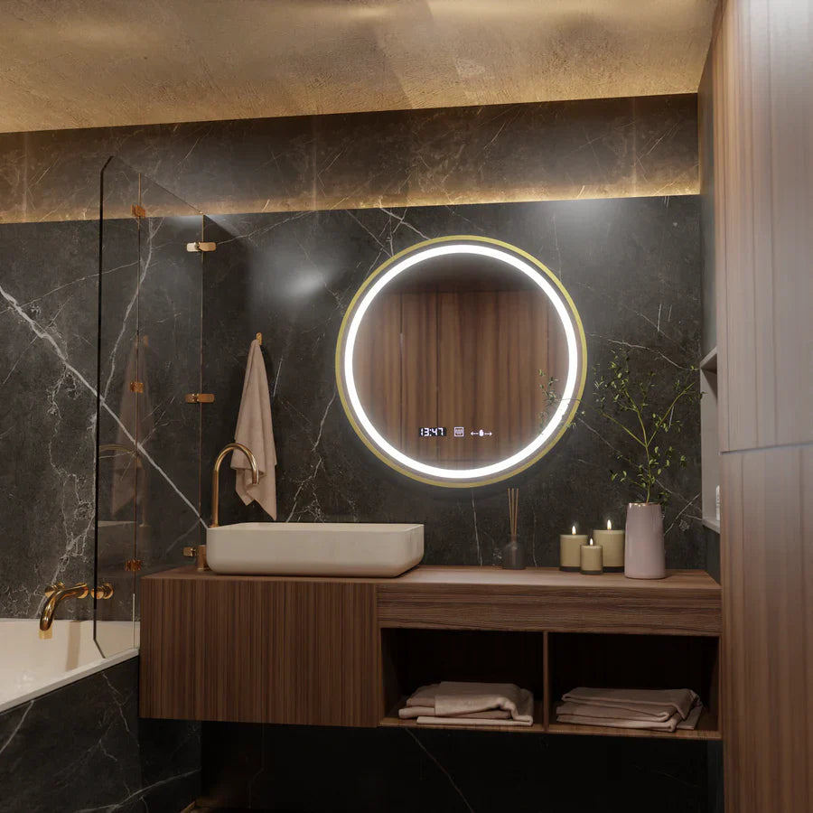 Oglinda LED Rotunda, 60cm, Celeste Royale Gold Eleve MotionGlow Marcello, Sistem Dezaburire, Ceas & Termometru, Dimabila, Curea Detasabila Oglinzi Marcello Default Title Alessandro Design