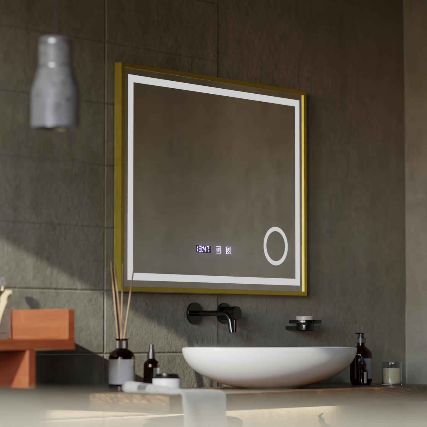 Oglinda LED Touch CLARUS Sistem Dezaburire, Ceas si Temperatura 80x60 cm Rama Auriu Brushed Lupa Cosmetica