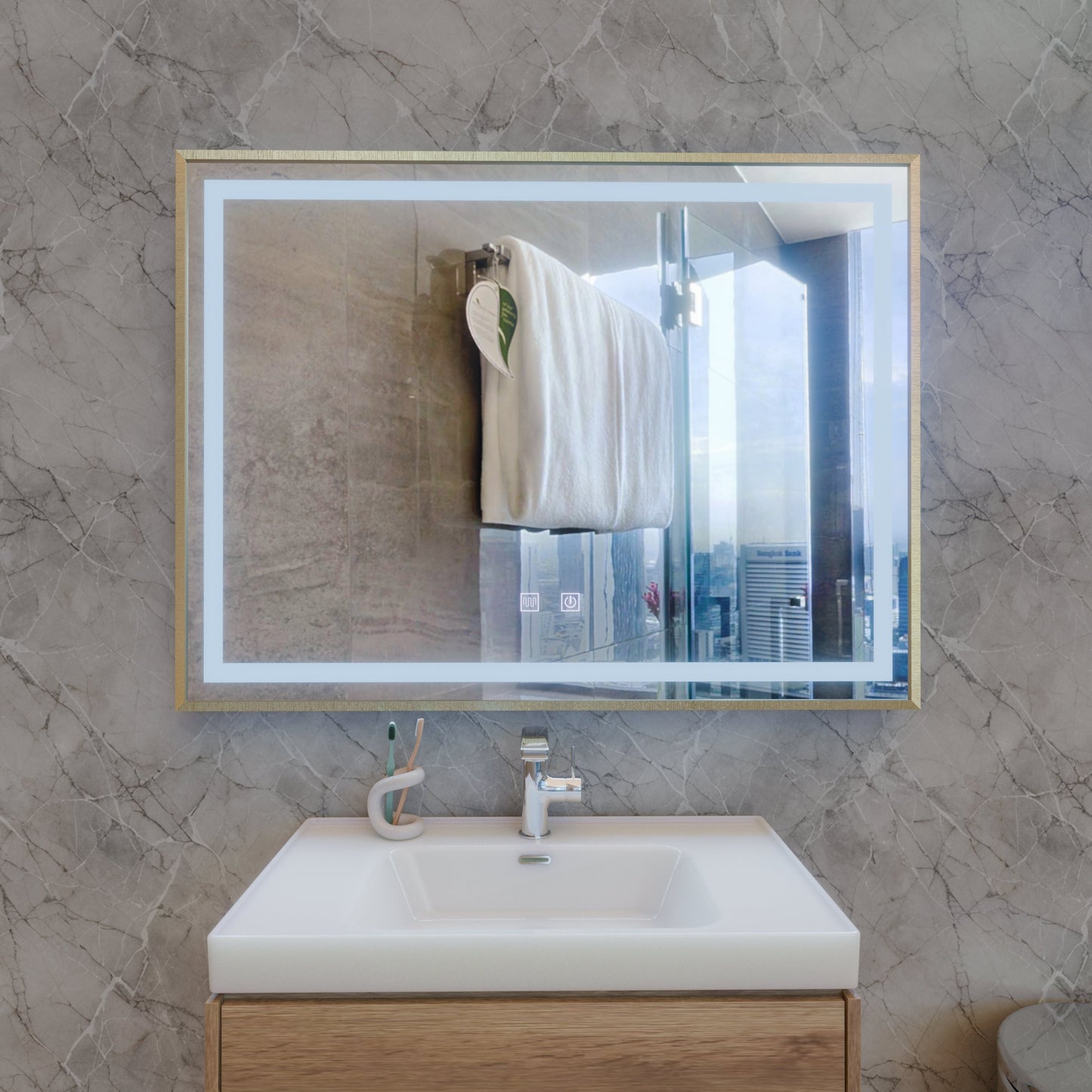Oglinda LED Touch Kariri, 80x60 cm, functie Dezaburire, Rama Gold Rose Brushed Oglinzi Korman E Default Title Alessandro Design