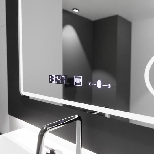 Oglinda LED Rectangulara, 90x75cm, Riflesso MotionGlow Marcello, Sistem Dezaburire, Ceas & Termometru, Lupa Cosmetica, Dimabila