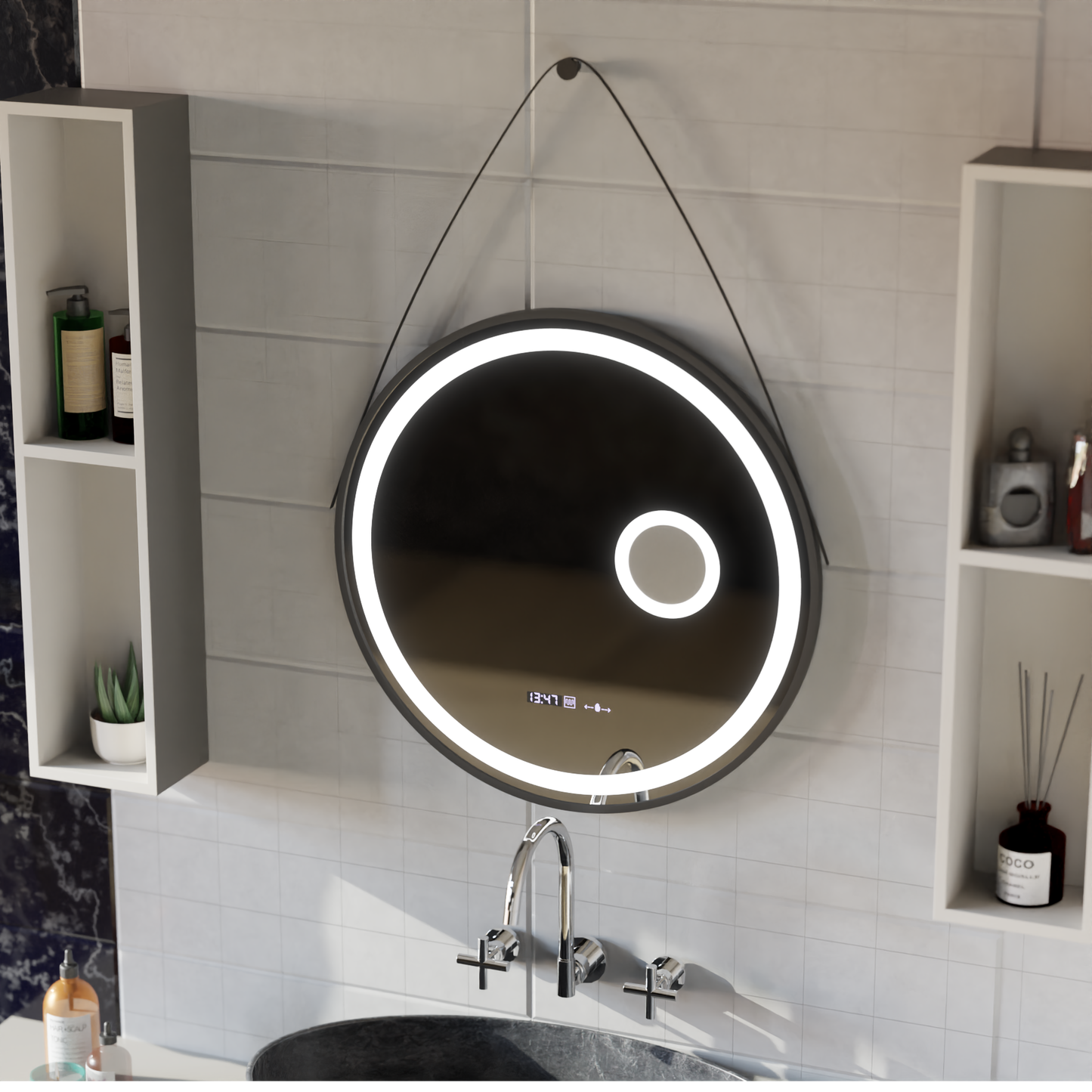 Oglinda LED Rotunda, 11W, 60cm, Micah Senzor MotionGlow Marcello, Sistem Dezaburire, Ceas & Termometru, Lupa Cosmetica, Dimabila