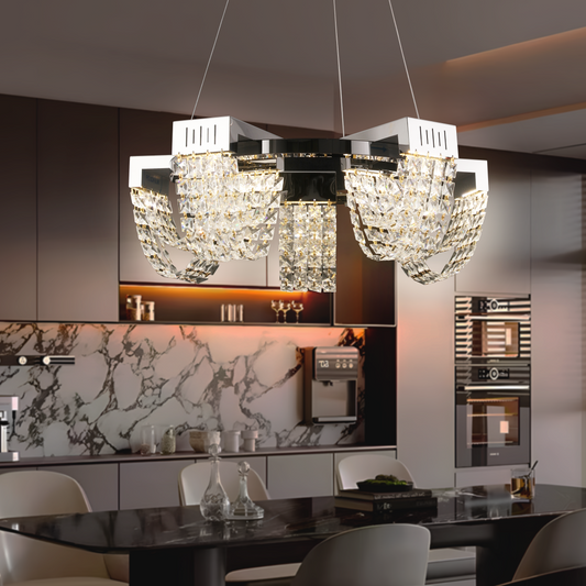 Candelabru Cristal LED 15W, STRATUS Magno , Diametru 50cm, Crom Lucios, Lumina Calda Neutra Rece 3000K/4000K/6000K Inaltime Reglabila, Metal si Cristal Candelabre Cristal Default Title Alessandro Design