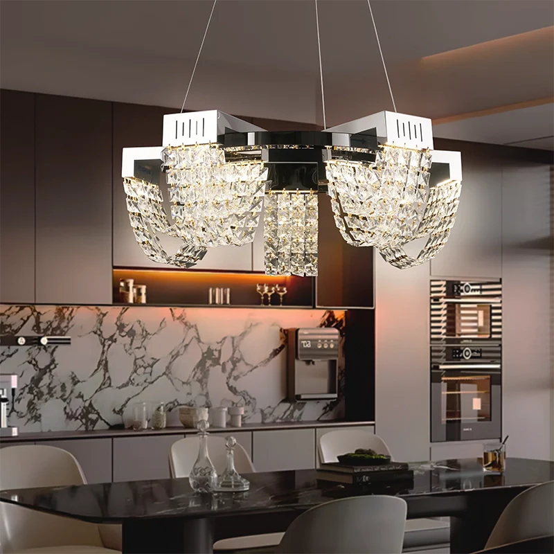 Candelabru Cristal LED 15W, STRATUS Magno , Diametru 50cm, Crom Lucios, Lumina Calda Neutra Rece 3000K/4000K/6000K Inaltime Reglabila, Metal si Cristal