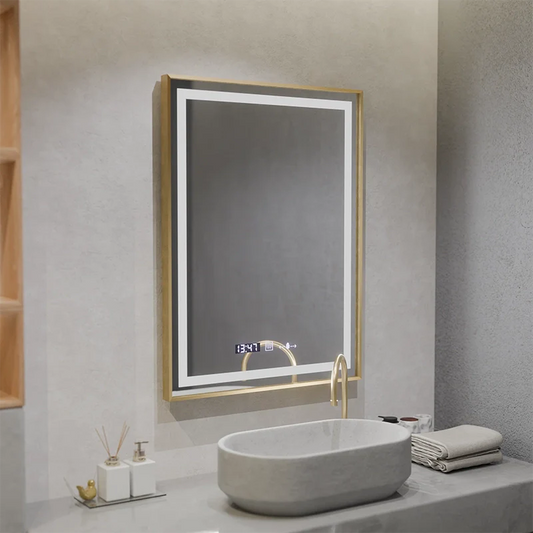 Oglinda LED Rectangulara, 60x80cm, Verite Royale Gold MotionGlow Marcello, Sistem Dezaburire, Ceas & Termometru, Dimabila