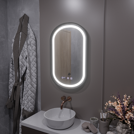 Oglinda LED Touch Helmut Sistem Dezaburire, Ceas si Temperatura 50x90 cm Rama Negru Brushed Marcello Funghi