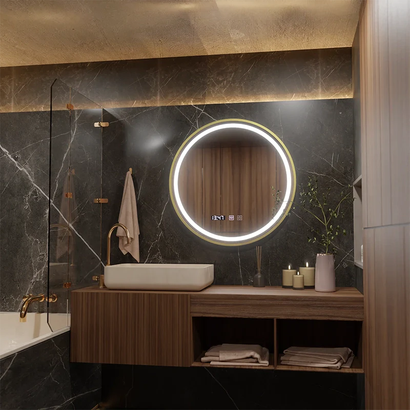 Oglinda LED Touch LUSSO Sistem Dezaburire, Ceas si Temperatura, 50 cm, rama Auriu Brushed