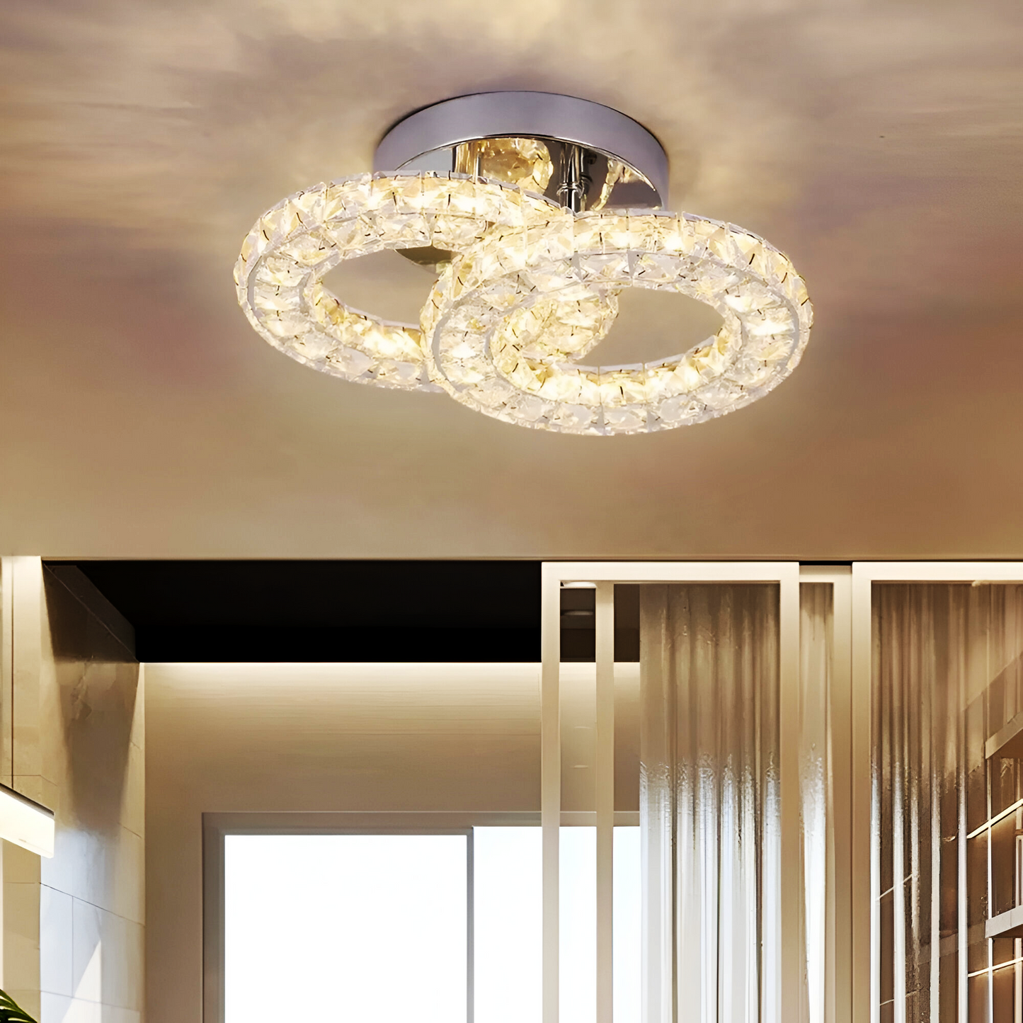 Lustra LED cu telecomanda si cristal ZABINA 32W, 2 Cercuri, lumina Rece/Calda/Neutra, Dimabila, Crom Lucios