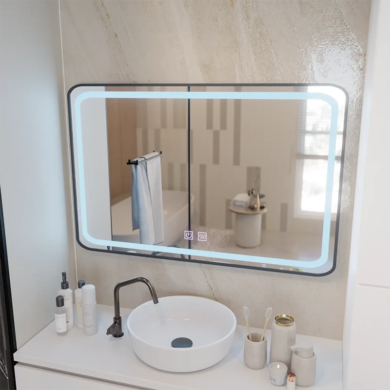 Oglinda LED Rectangulara 100x65cm EDGE Touch Sistem Dezaburire, Rama Neagra