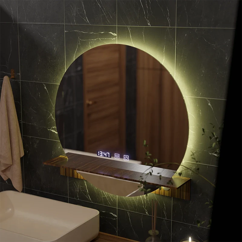 Oglinda LED Touch Alfred Sistem Dezaburire, Ceas si Temperatura 60x60 cm Cu Suport Integrat
