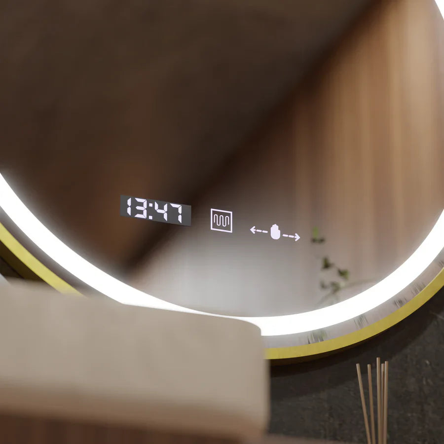 Oglinda LED Rotunda, 60cm, Celeste Royale Gold Eleve MotionGlow Marcello, Sistem Dezaburire, Ceas & Termometru, Dimabila, Curea Detasabila Oglinzi Marcello Default Title Alessandro Design