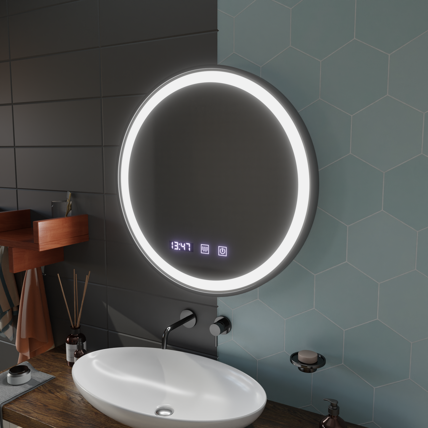 Oglinda LED Touch NOVARA Sistem Dezaburire, Ceas si Temperatura 90 cm Rama Negru Brushed Oglinzi Korman S Default Title Alessandro Design