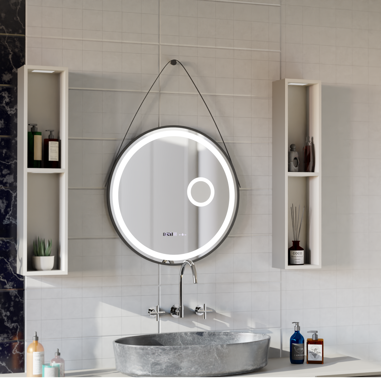 Oglinda LED Rotunda, 11W, 60cm, Micah Senzor MotionGlow Marcello, Sistem Dezaburire, Ceas & Termometru, Lupa Cosmetica, Dimabila