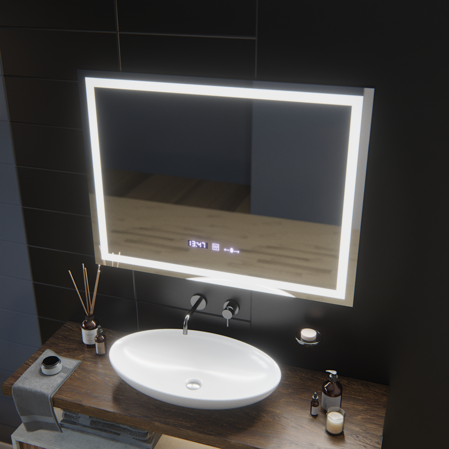 Oglinda LED Rectangulara, 100x75cm, Verite MotionGlow Marcello, Sistem Dezaburire, Ceas & Termometru, Dimabila