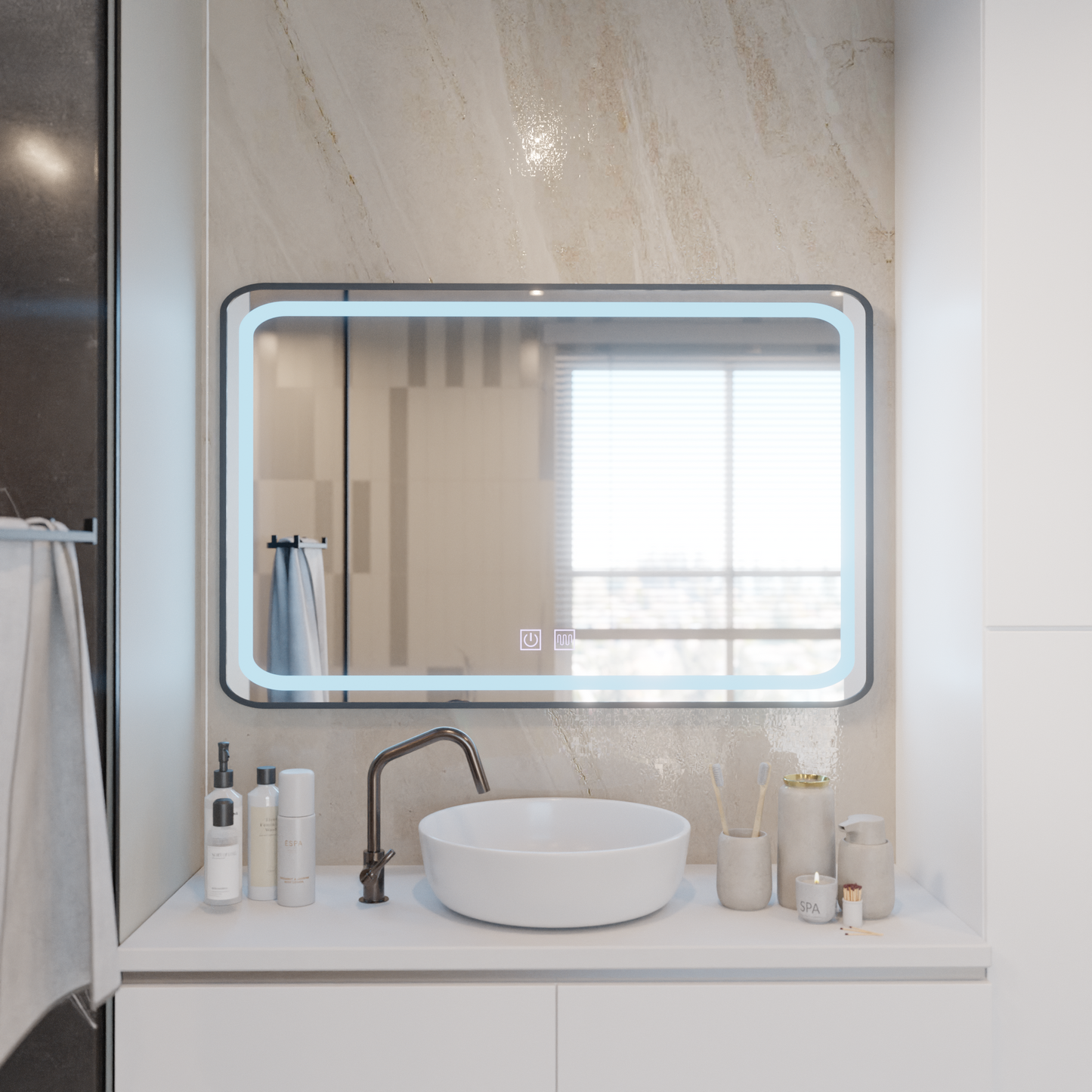 Oglinda LED Rectangulara 100x65cm – Edge LUMINOUS Touch Sistem Dezaburire, Rama Neagra