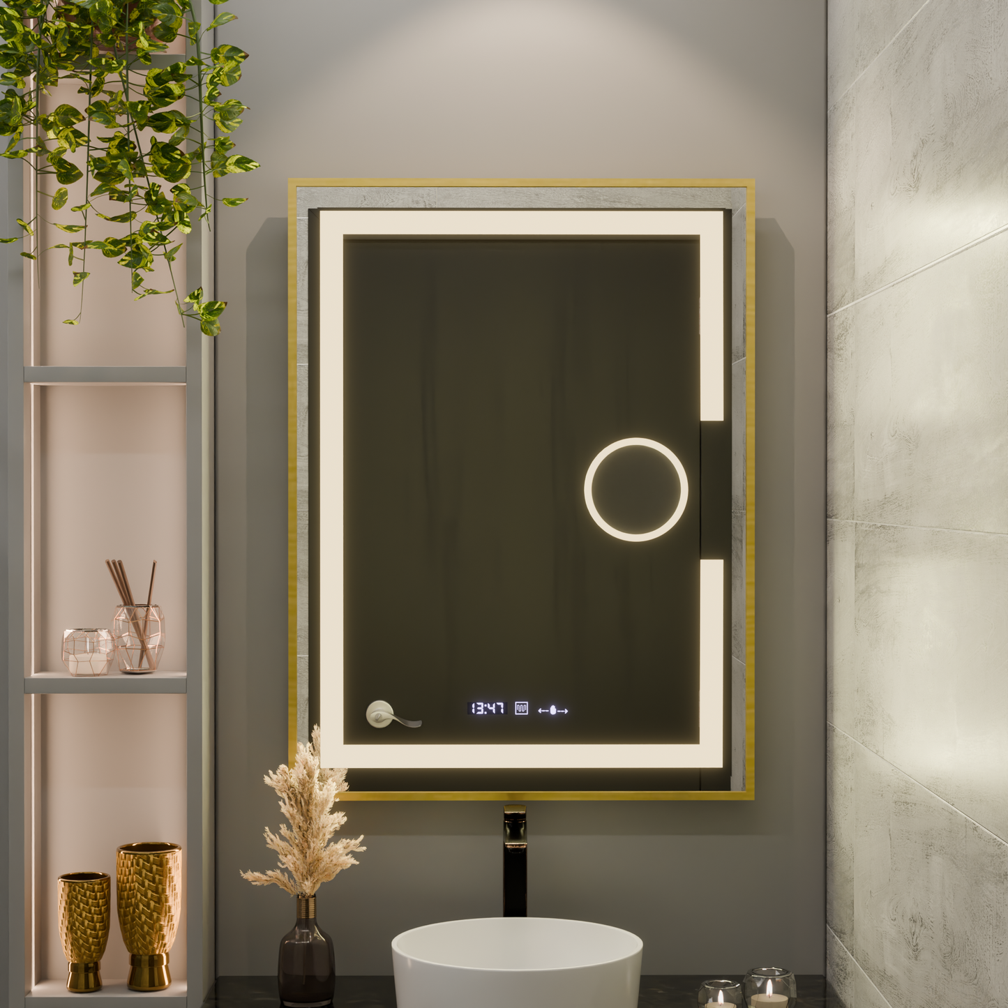 Oglinda LED Rectangulara, 60x80cm, Eclat MotionGlow Marcello, Sistem Dezaburire, Ceas & Termometru, Lupa Cosmetica, Dimabila, Rama Auriu Brushed Oglinzi Marcello Default Title Alessandro Design