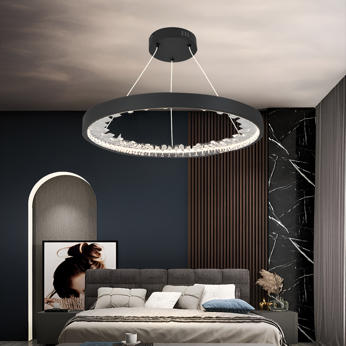 Lustra LED suspendata cu telecomanda, Cristale K9, 28W, 1 Cerc, lumina Rece/Calda/Neutra, Dimabila, Negru, Inaltime Reglabila Lustre Moderne Default Title Alessandro Design