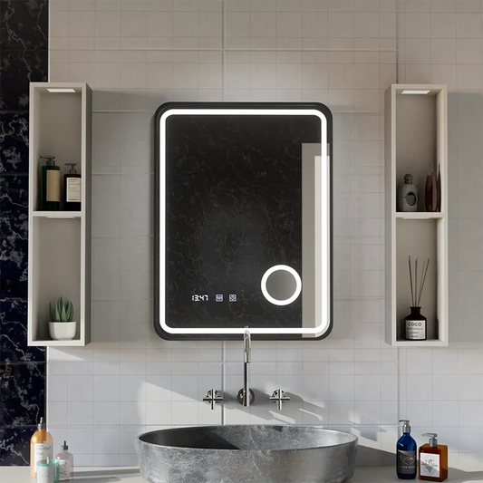 Oglinda LED Touch Ulrich Sistem Dezaburire, Ceas si Temperatura 75x90 cm Rama Negru Brushed Lupa Cosmetica