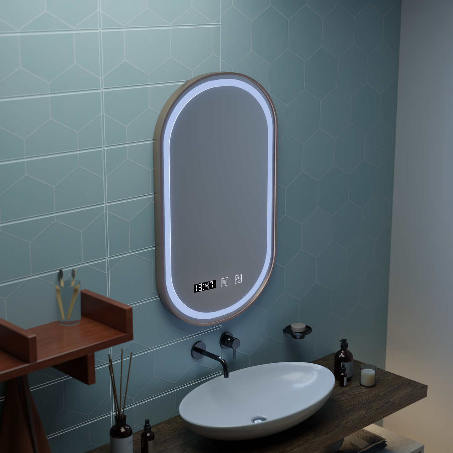 Oglinda LED Touch Konrad Sistem Dezaburire, Ceas si Temperatura 50x80 cm Rama Auriu Brushed, Lumina Calda Neutra Rece 3000K/4000K/6000K Oglinzi Korman S Default Title Alessandro Design
