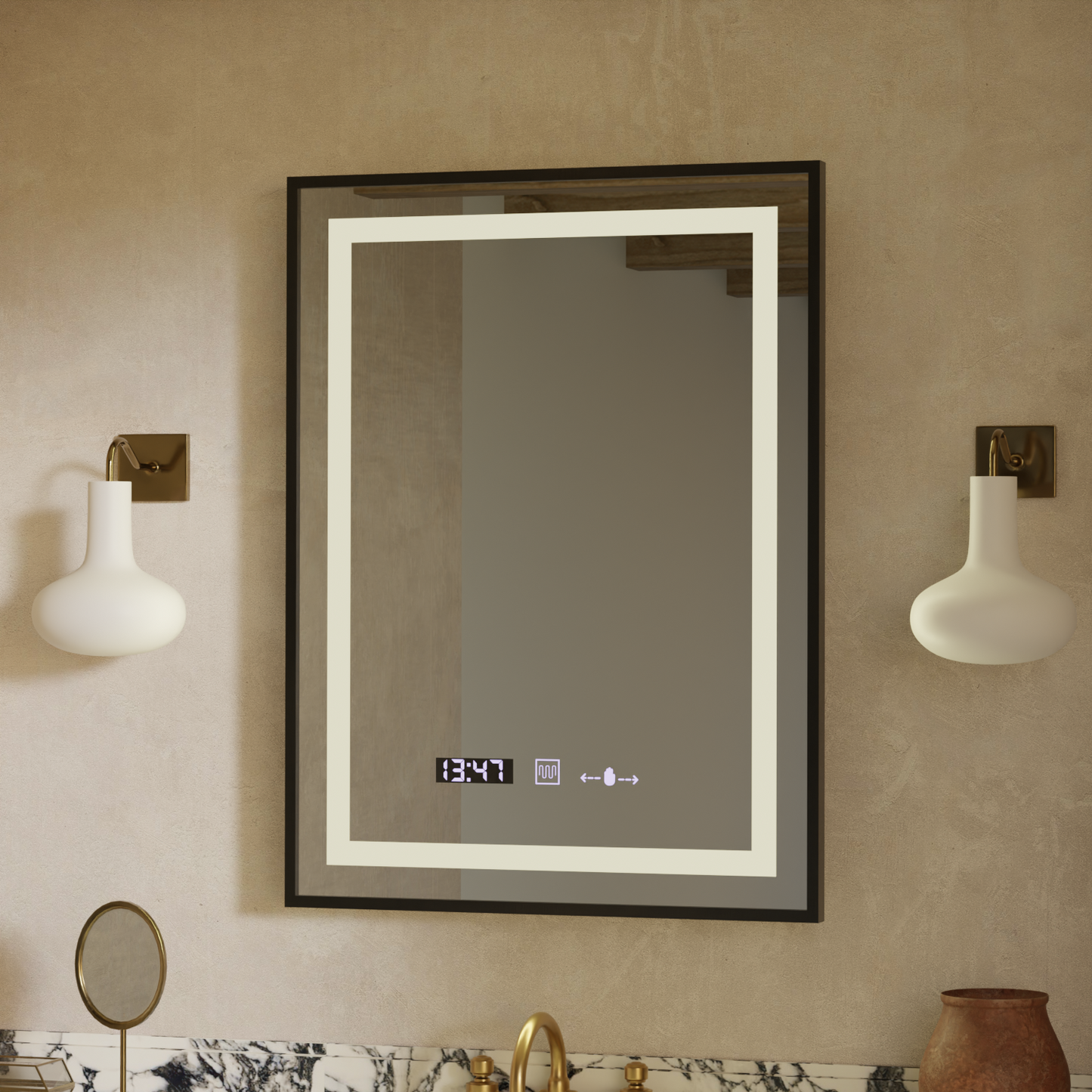 Oglinda LED Rectangulara, 60x80cm, Verite Majeste Noir Motion Glow Marcello, Sistem Dezaburire, Ceas & Termometru, Dimabila