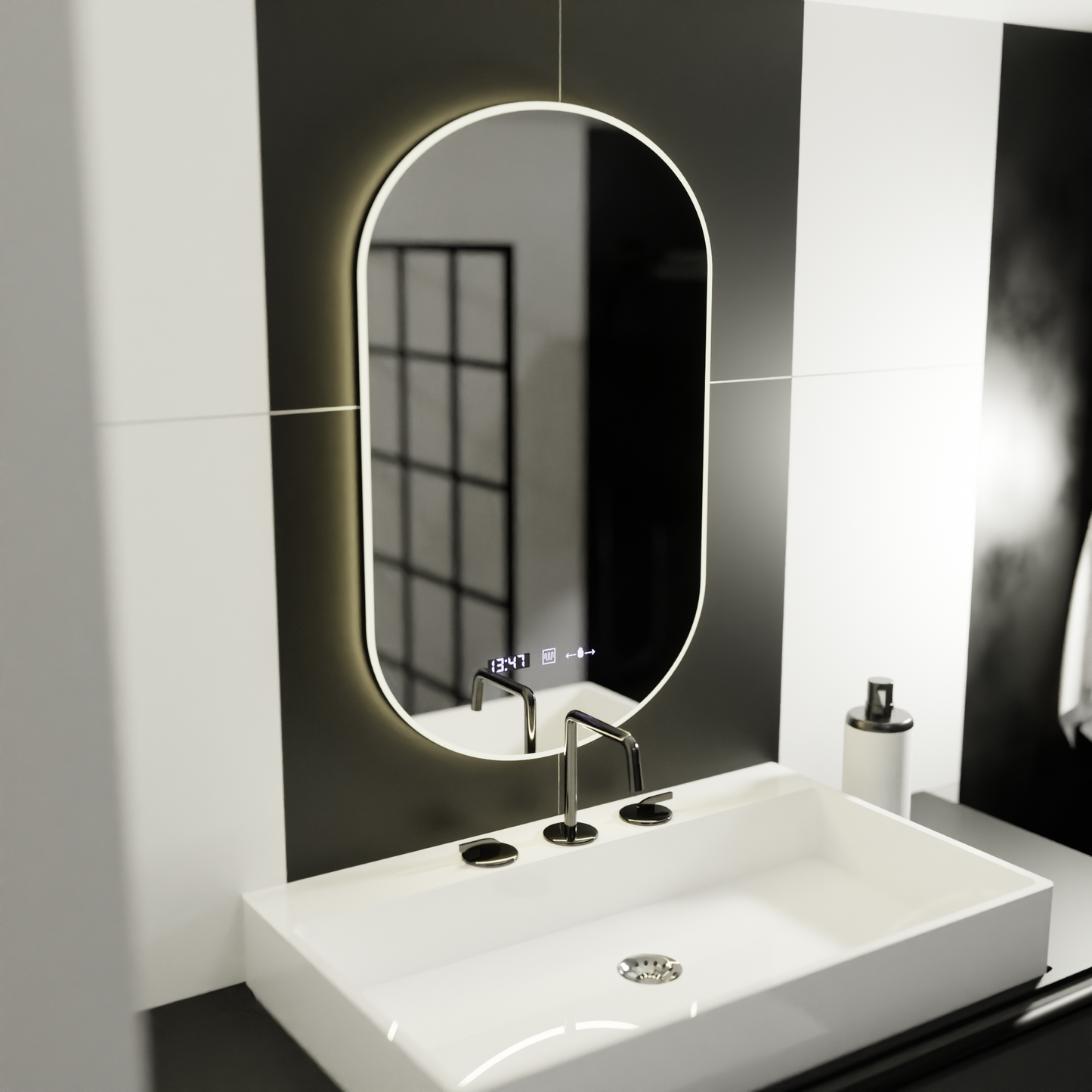 Oglinda LED Ovala, 50x80cm, Lucia Senzor Marcello, Sistem Dezaburire, Ceas & Termometru, Dimabila