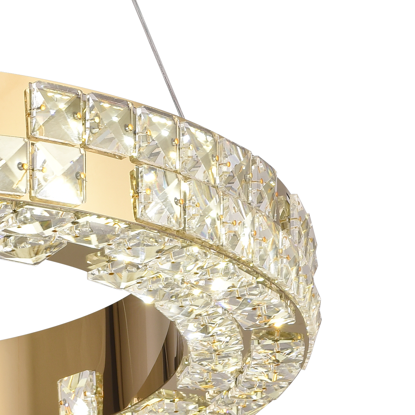 Lustra LED cu Telecomanda, LLC135/2GD, Cristal si Metal, 55W, 2 Cerc, Dimabila, Inaltime Reglabila, Lumina Rece/Calda/Neutra 3000K/4000K/6000K, Iluminat Luxos