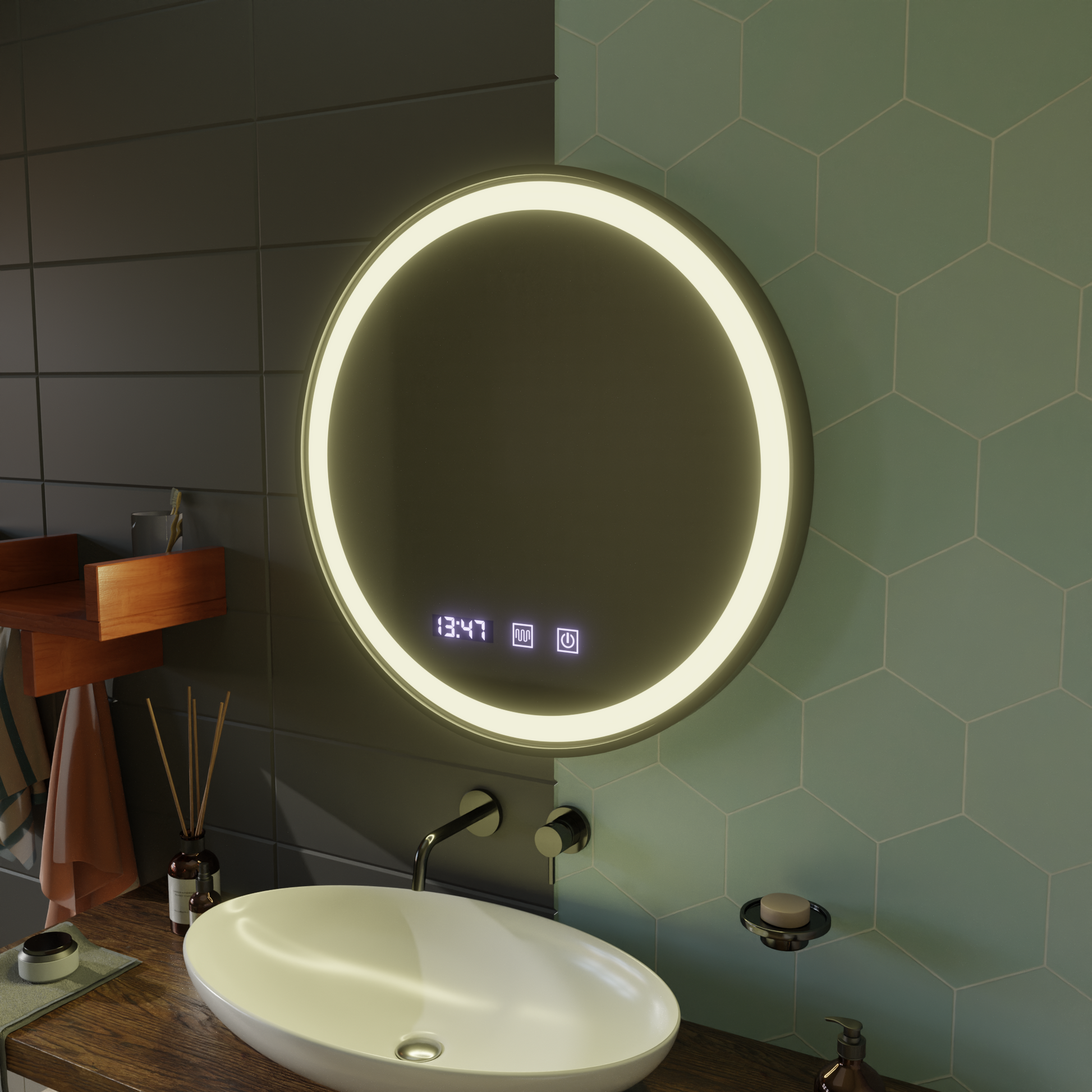 Oglinda LED Touch NOVARA Sistem Dezaburire, Ceas si Temperatura 80 cm Rama Negru Brushed Oglinzi Korman S Default Title Alessandro Design