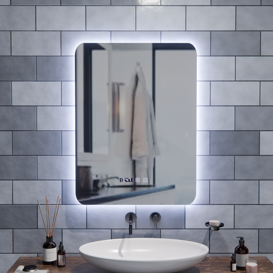 Oglinda LED Dreptunghiulara ARTAR Touch, 60X80cm, Sistem Dezaburire, Dimabila, Ceas si Temperatura, Lumina Calda Neutra Rece 3000K/4000K/6000K Oglinda Baie cu LED si Dezaburire Default Title Alessandro Design