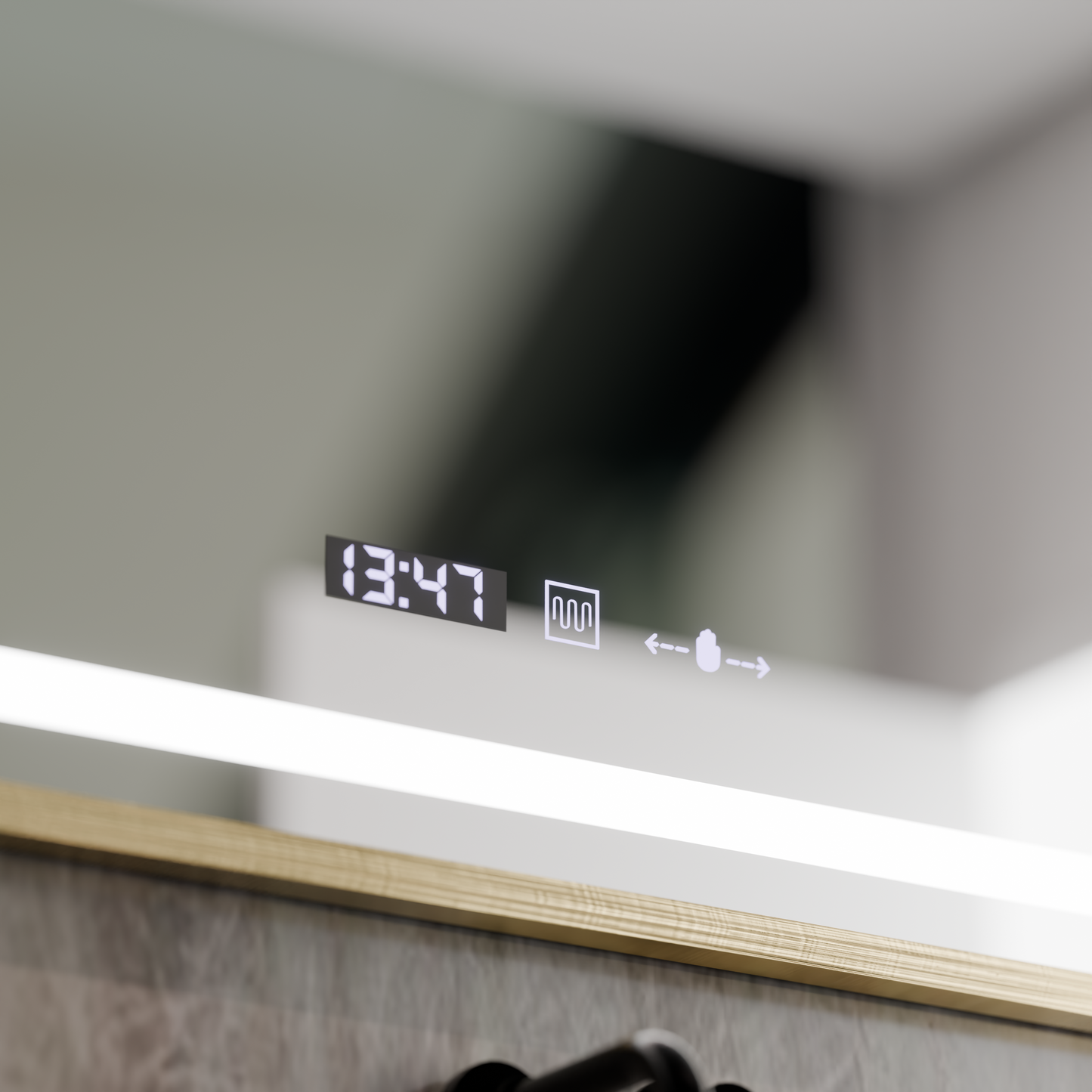 Oglinda LED Rectangulara, 120x80cm, Eclat MotionGlow Marcello, Sistem Dezaburire, Ceas & Termometru, Lupa Cosmetica, Dimabila, Rama Auriu Brushed