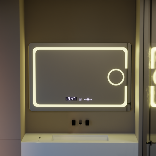 Oglinda LED Rectangulara, 110x75cm, Eclat MotionGlow Marcello, Sistem Dezaburire, Ceas & Termometru, Lupa Cosmetica, Dimabila