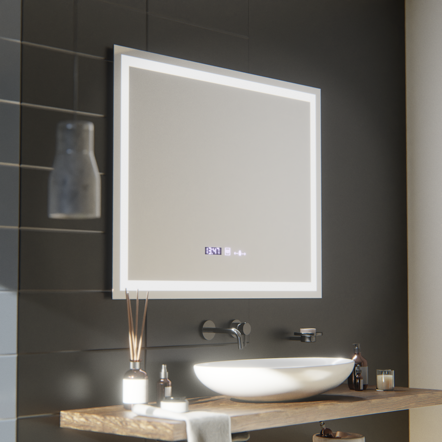 Oglinda LED Rectangulara, 100x75cm, Verite MotionGlow Marcello, Sistem Dezaburire, Ceas & Termometru, Dimabila