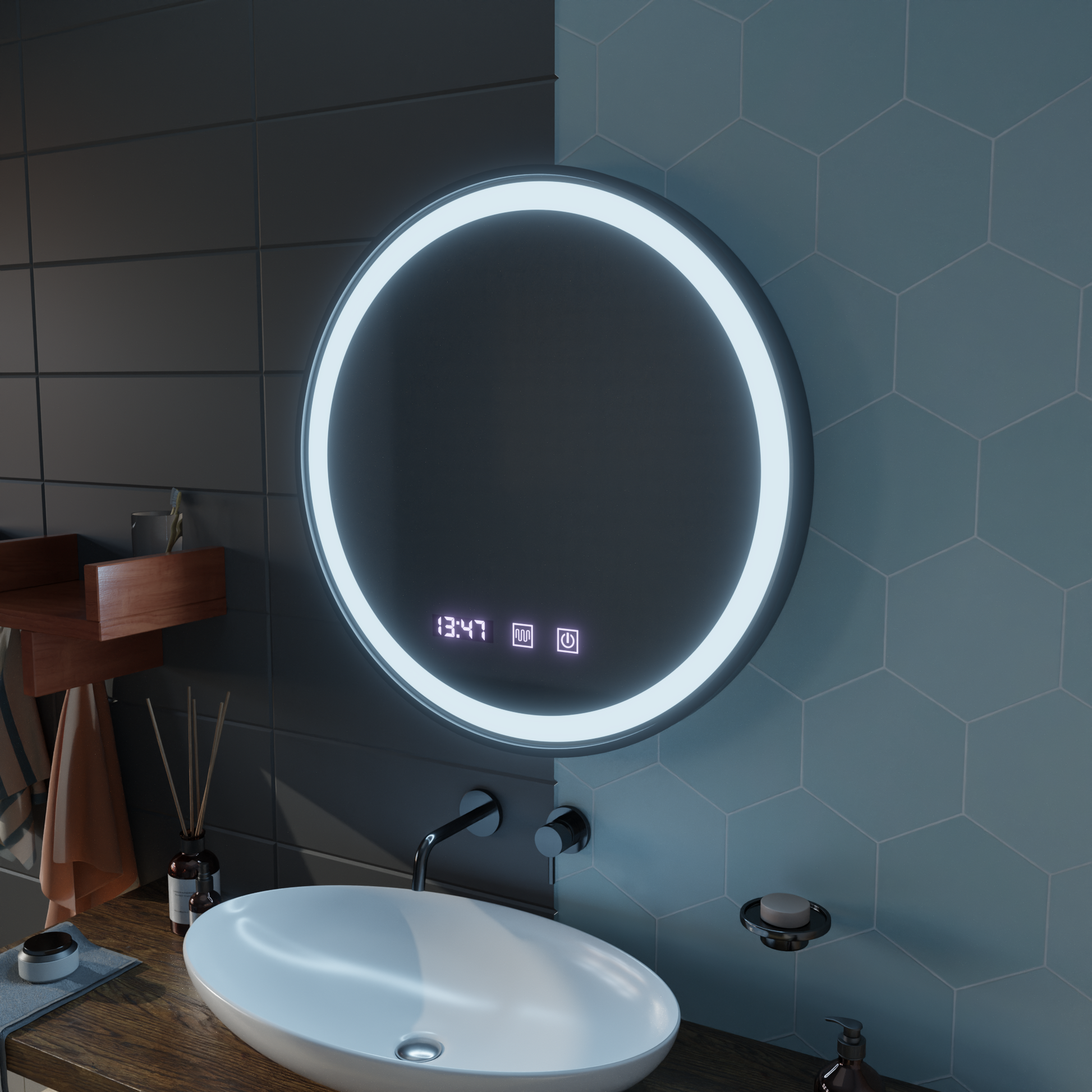Oglinda LED Touch NOVARA Sistem Dezaburire, Ceas si Temperatura 70 cm Rama Negru Brushed Oglinzi Korman S Default Title Alessandro Design