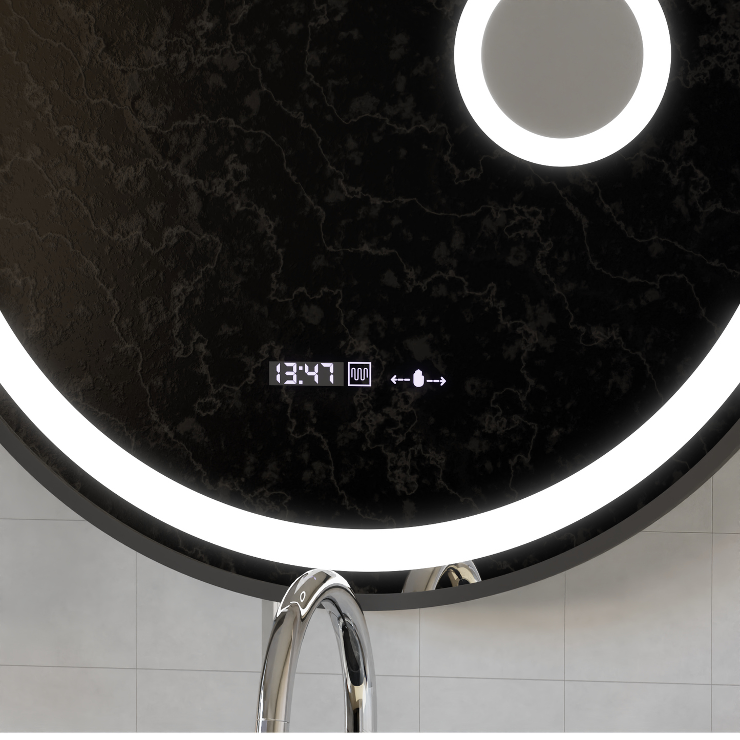 Oglinda LED Rotunda, 11W, 60cm, Micah Senzor MotionGlow Marcello, Sistem Dezaburire, Ceas & Termometru, Lupa Cosmetica, Dimabila