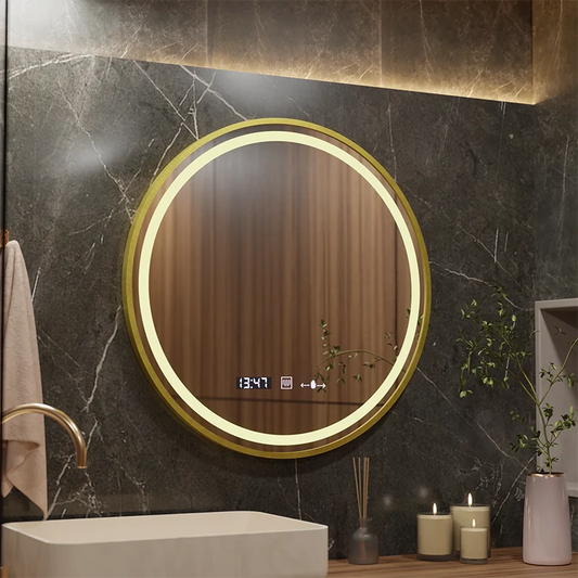 Oglinda LED Senzor MotionGlow Faratya Sistem Dezaburire Termometru si Ceas Rama Auriu Periat Rotunda Diametru 100 cm Lumina Rece/Calda/Neutra Dimabila Colectia Marcello Funghi