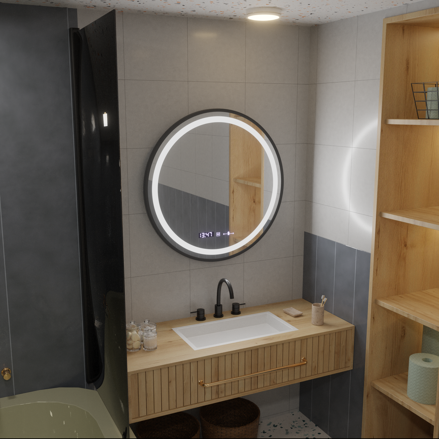 Oglinda LED Rotunda, 80cm, Celeste Majesté Noir MotionGlow Marcello, Sistem Dezaburire, Ceas & Termometru, Dimabila