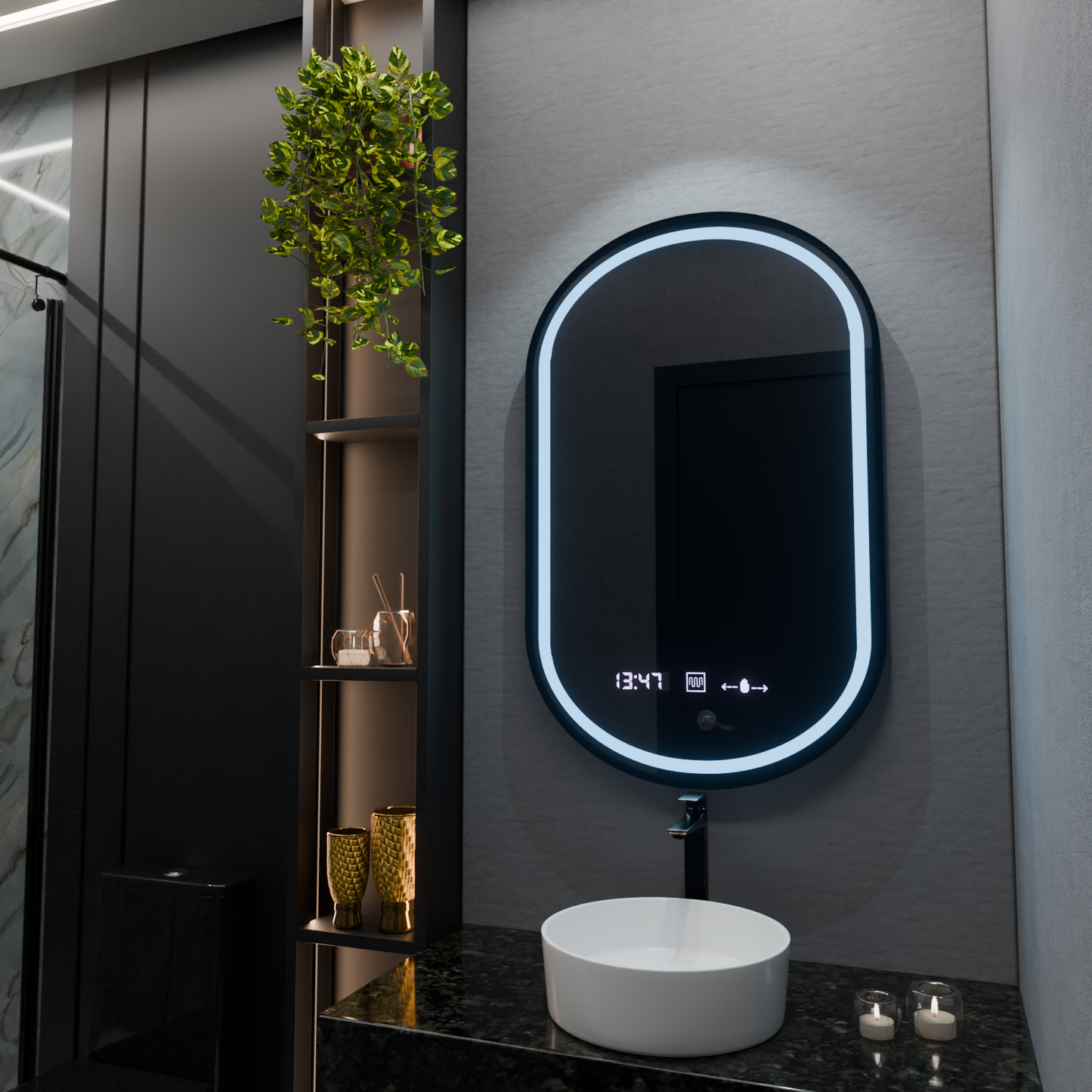 Oglinda LED Ovala, 50x80cm, Alessia MotionGlow Marcello, Sistem Dezaburire, Ceas & Termometru, Dimabila