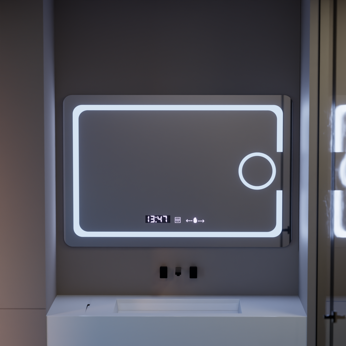 Oglinda LED Rectangulara, 120x80cm, Eclat MotionGlow Marcello, Sistem Dezaburire, Ceas & Termometru, Lupa Cosmetica, Dimabila