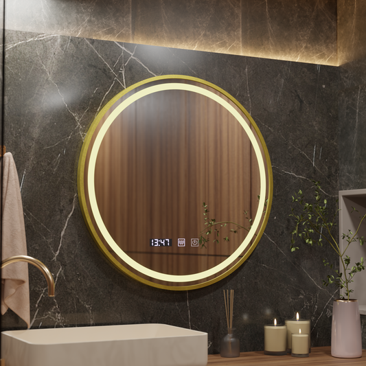 Oglinda LED Touch LUSSO, Sistem Dezaburire, Ceas si Temperatura, Diametru 60cm, Rama Auriu Brushed, Lumina Calda Rece Neutra 3000K/4500K/6000K, Dimabila Oglinzi Korman S Default Title Alessandro Design