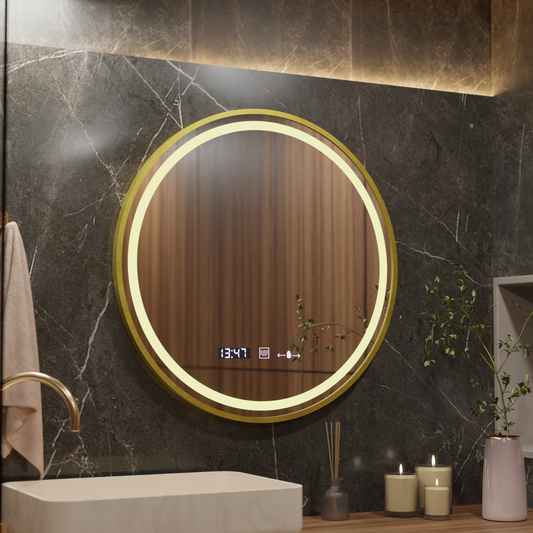 Oglinda LED Senzor MotionGlow Faratya Sistem Dezaburire Termometru si Ceas Rama Auriu Periat Rotunda Diametru 100 cm Lumina Rece/Calda/Neutra Dimabila Colectia Marcello Funghi Oglinzi Marcello Default Title Alessandro Design
