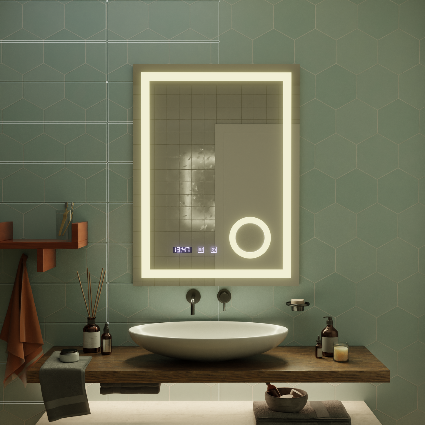 Oglinda LED Touch NIVERA Sistem Dezaburire, Ceas si Temperatura 60x80 cm Lupa Cosmetica