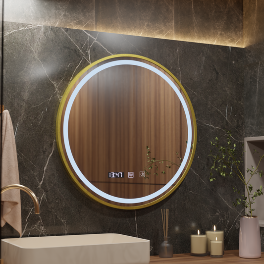 Oglinda LED Touch LUSSO Sistem Dezaburire, Ceas si Temperatura, 70 cm, rama Auriu Brushed Oglinzi Korman S Default Title Alessandro Design