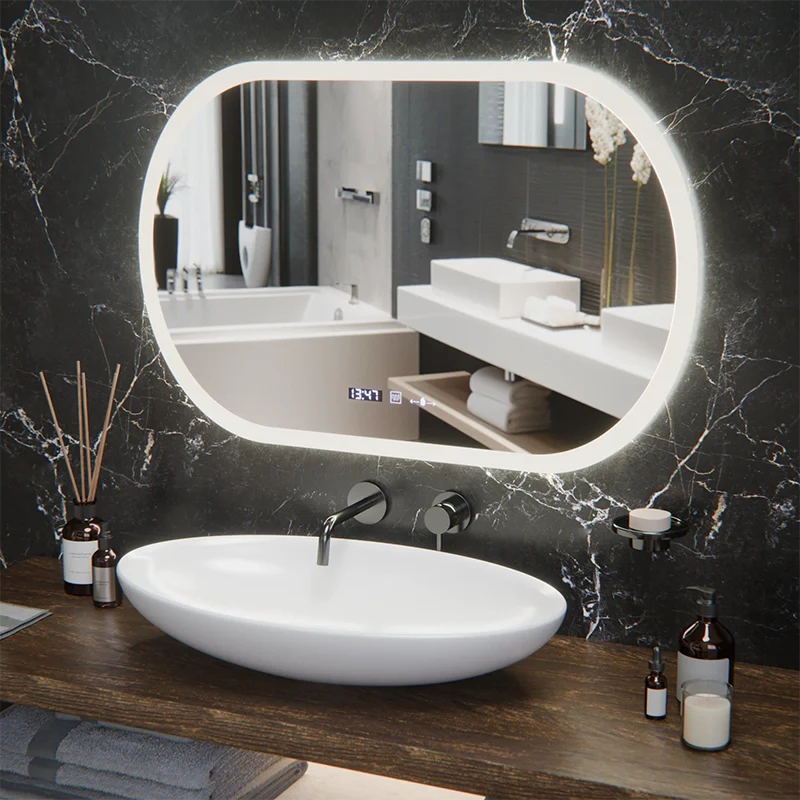 Oglinda LED Ovala, 80x50cm, Altera Senzor MotionGlow Marcello, Sistem Dezaburire, Ceas & Termometru, Dimabila