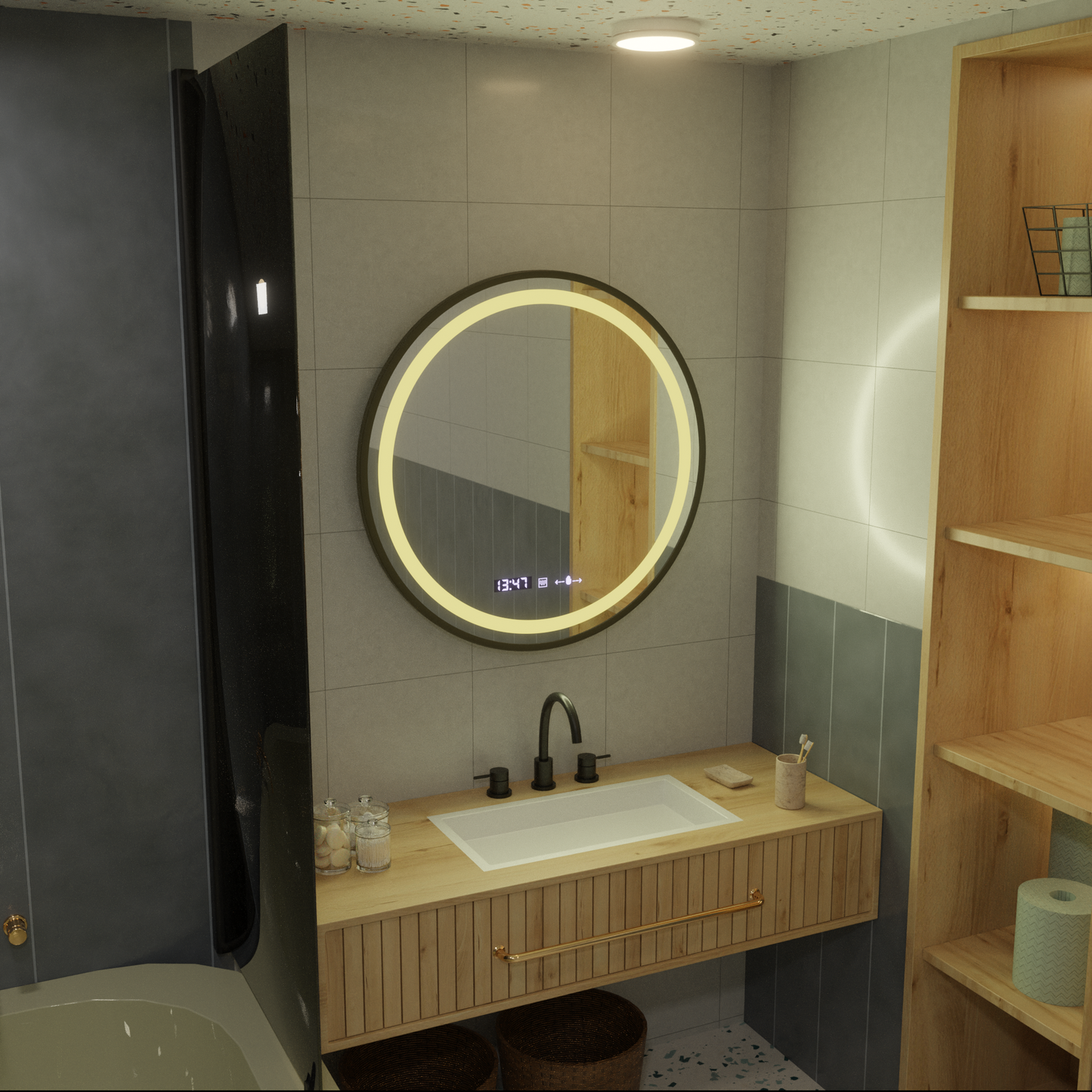 Oglinda LED Rotunda, 80cm, Celeste Majesté Noir MotionGlow Marcello, Sistem Dezaburire, Ceas & Termometru, Dimabila