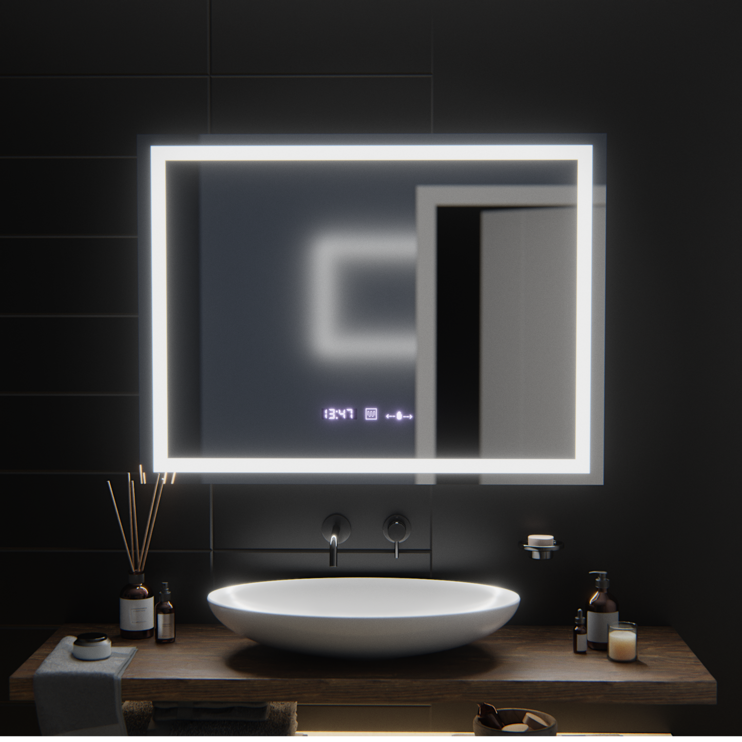 Oglinda LED Rectangulara, 100x75cm, Verite MotionGlow Marcello, Sistem Dezaburire, Ceas & Termometru, Dimabila