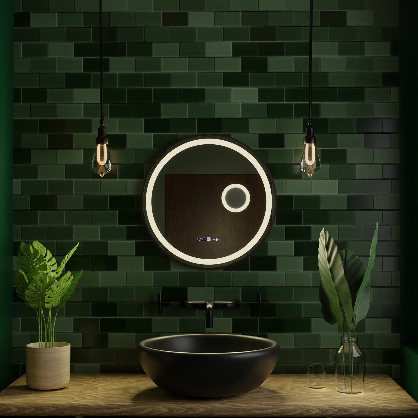 Oglinda LED Rotunda, 11W, 60cm, Micah Senzor MotionGlow Marcello, Sistem Dezaburire, Ceas & Termometru, Lupa Cosmetica, Dimabila