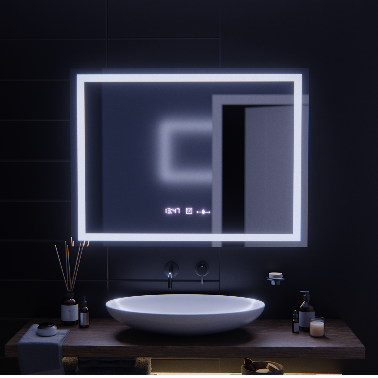 Oglinda LED Rectangulara, 100x75cm, Verite MotionGlow Marcello, Sistem Dezaburire, Ceas & Termometru, Dimabila