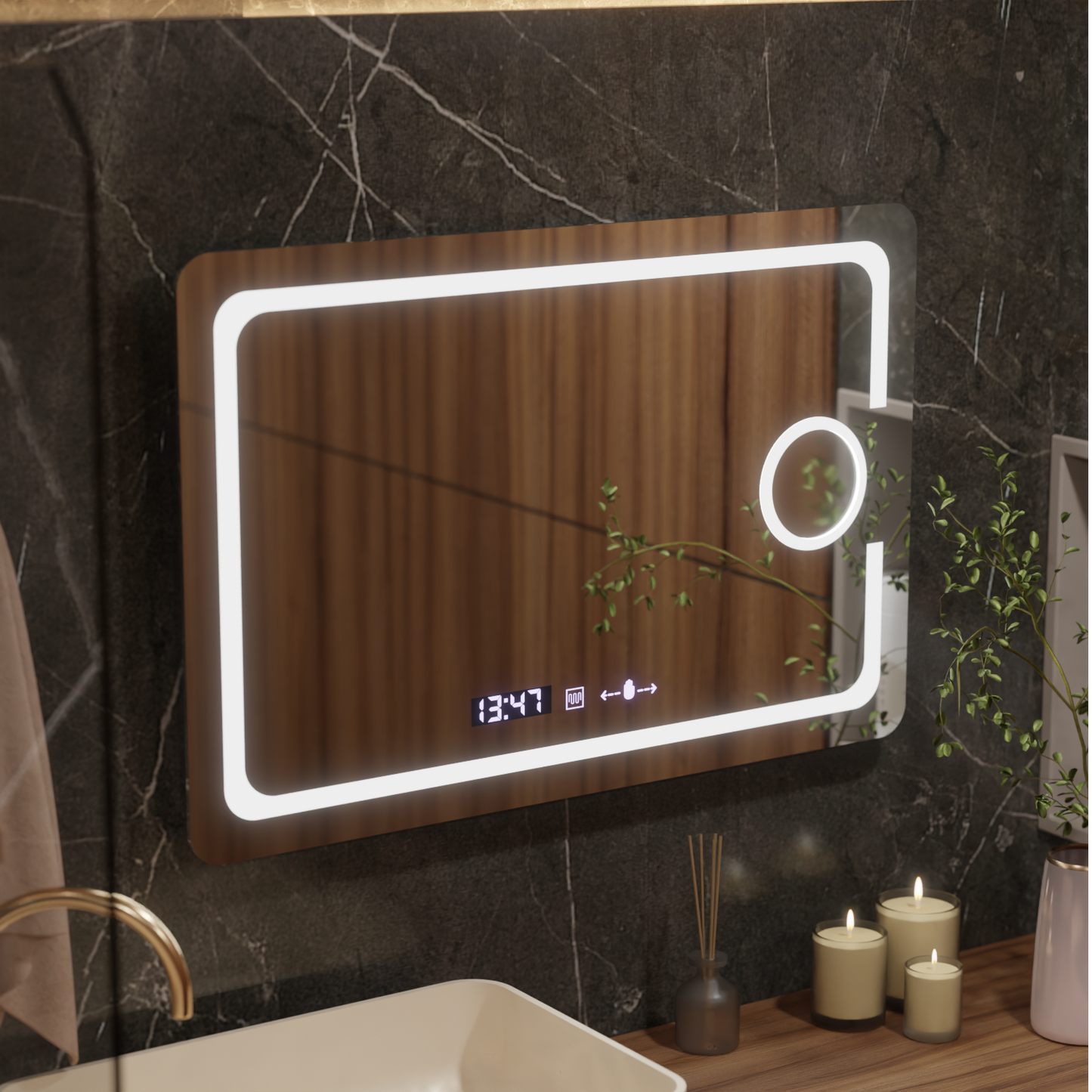 Oglinda LED Rectangulara, 120x80cm, Eclat MotionGlow Marcello, Sistem Dezaburire, Ceas & Termometru, Lupa Cosmetica, Dimabila