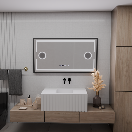 Oglinda LED Senzor MotionGlow Domingo cu functie Dezaburire Termometru Ceas 120x65 cm Lumina Rece/Calda/Neutra Dimabila, Rama Negru Brushed, colectia Marcello Funghi Oglinzi Marcello Default Title Alessandro Design