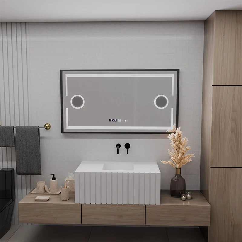 Oglinda LED Senzor MotionGlow Domingo cu functie Dezaburire Termometru Ceas 120x65 cm Lumina Rece/Calda/Neutra Dimabila, Rama Negru Brushed, colectia Marcello Funghi