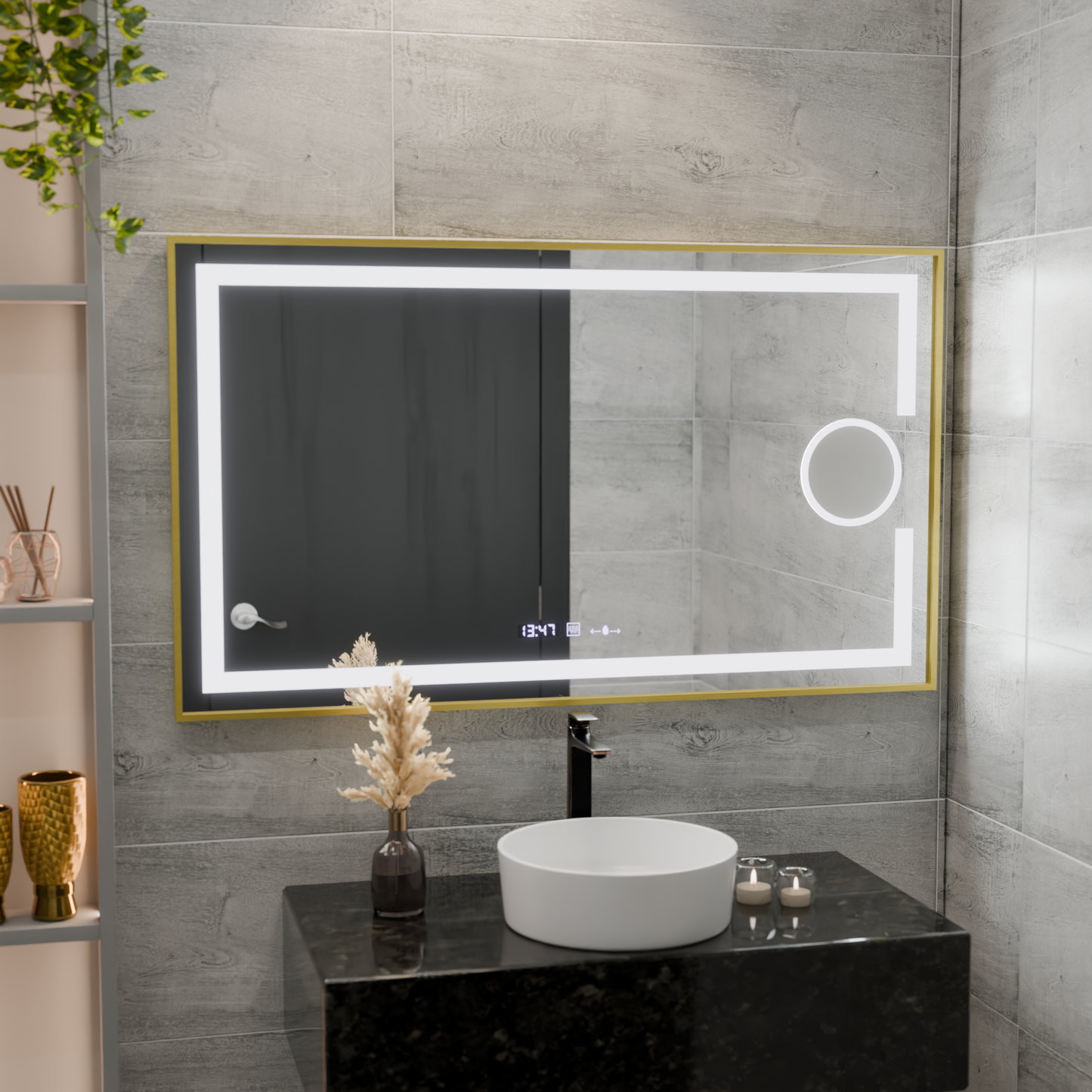 Oglinda LED Rectangulara, 120x80cm, Eclat MotionGlow Marcello, Sistem Dezaburire, Ceas & Termometru, Lupa Cosmetica, Dimabila, Rama Auriu Brushed